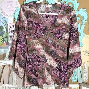 MKM Designs Paisley Animal Print Beaded Sheer Blouse Top Shirt Sz.S Whimsigoth